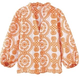 Fully Embroidered Puff Sleeve Blouse Orange White Ruffle Neck Button XS Boho Top